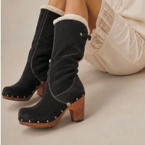 UGG Lynnea Suede Tall Shearling Clog Boots Black 7 Studded Boho Y2K Scandi Retro